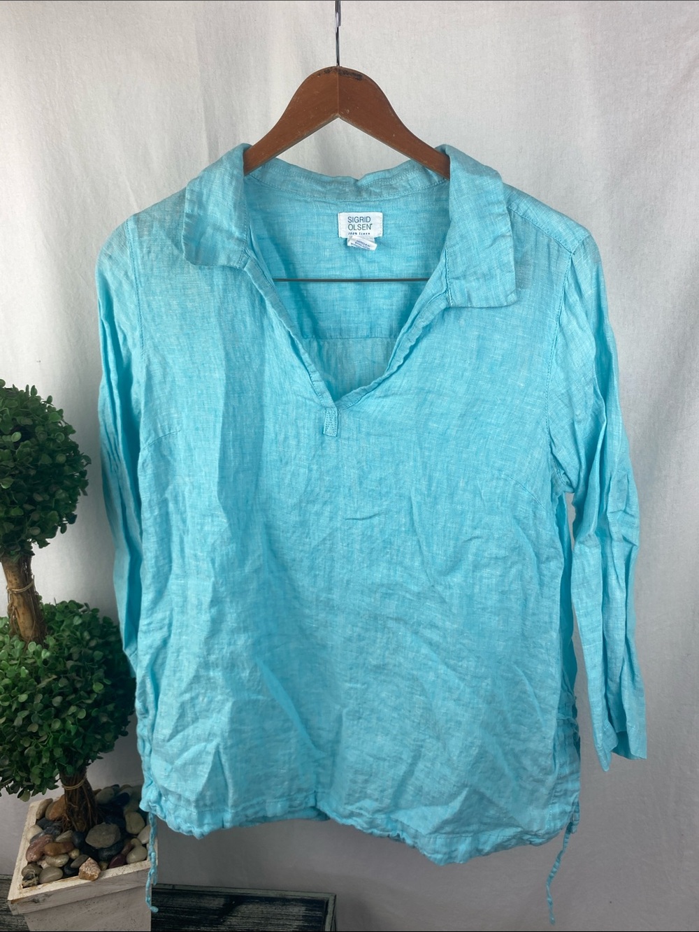 Sigrid Olsen 100% Linen 3/4 Sleeve Side Tie Hem Tunic Top Blouse M